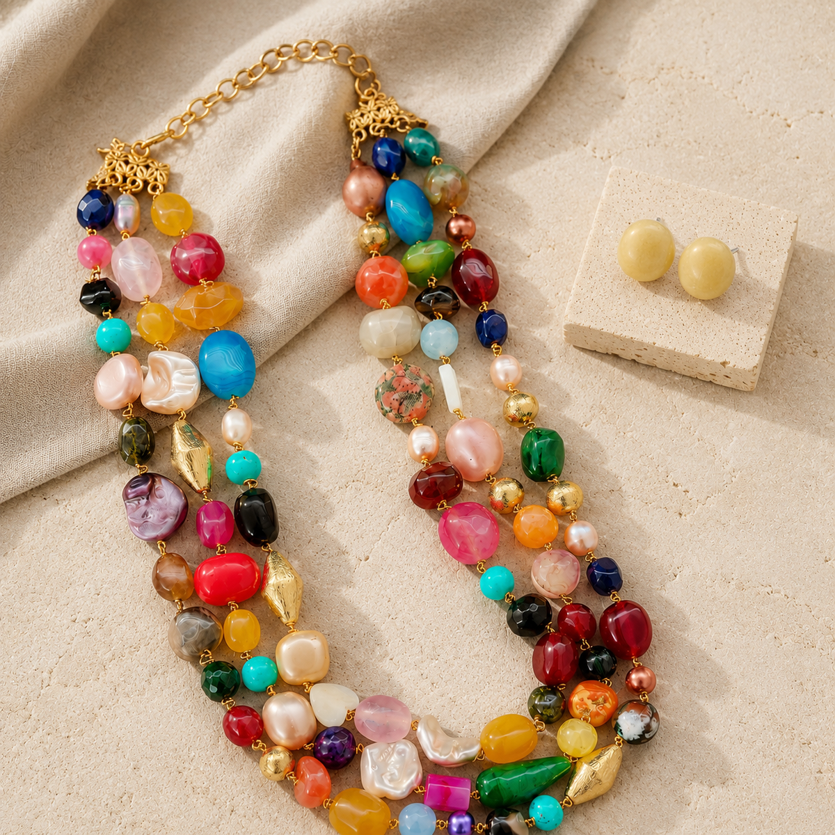 The Kaleidoscope Multicolour Agate Three-Layer Necklace with Yellow Jade Studs