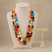 The Kaleidoscope Multicolour Agate Three-Layer Necklace with Yellow Jade Studs