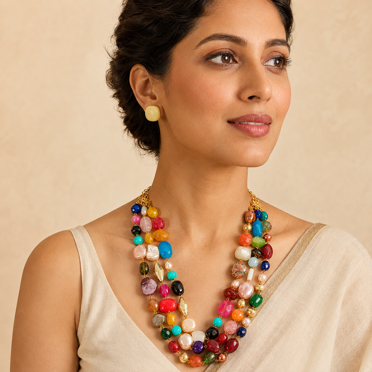 The Kaleidoscope Multicolour Agate Three-Layer Necklace with Yellow Jade Studs