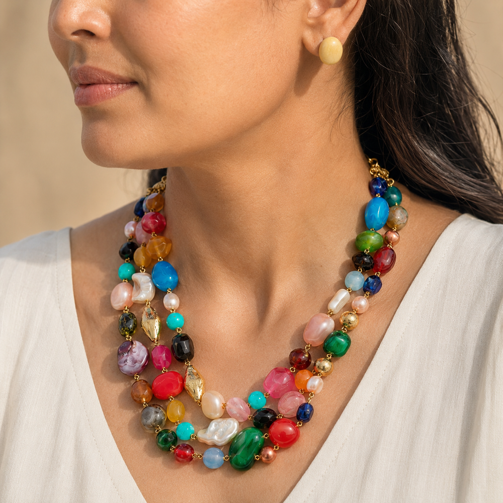 The Kaleidoscope Multicolour Agate Three-Layer Necklace with Yellow Jade Studs