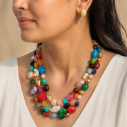 The Kaleidoscope Multicolour Agate Three-Layer Necklace with Yellow Jade Studs