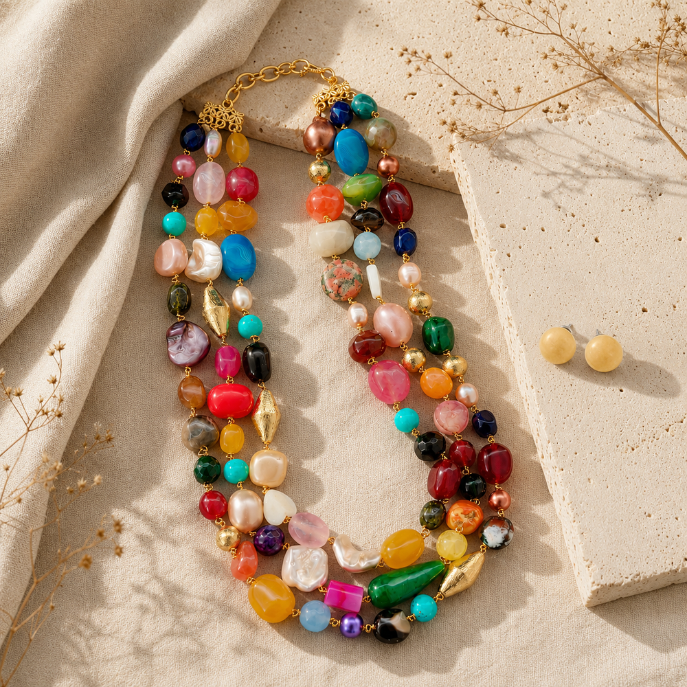 The Kaleidoscope Multicolour Agate Three-Layer Necklace with Yellow Jade Studs