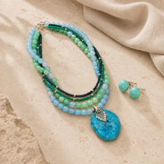 Azure Drift Blue Agate Five-Layer Pendant Necklace with Seafoam Agate Studs