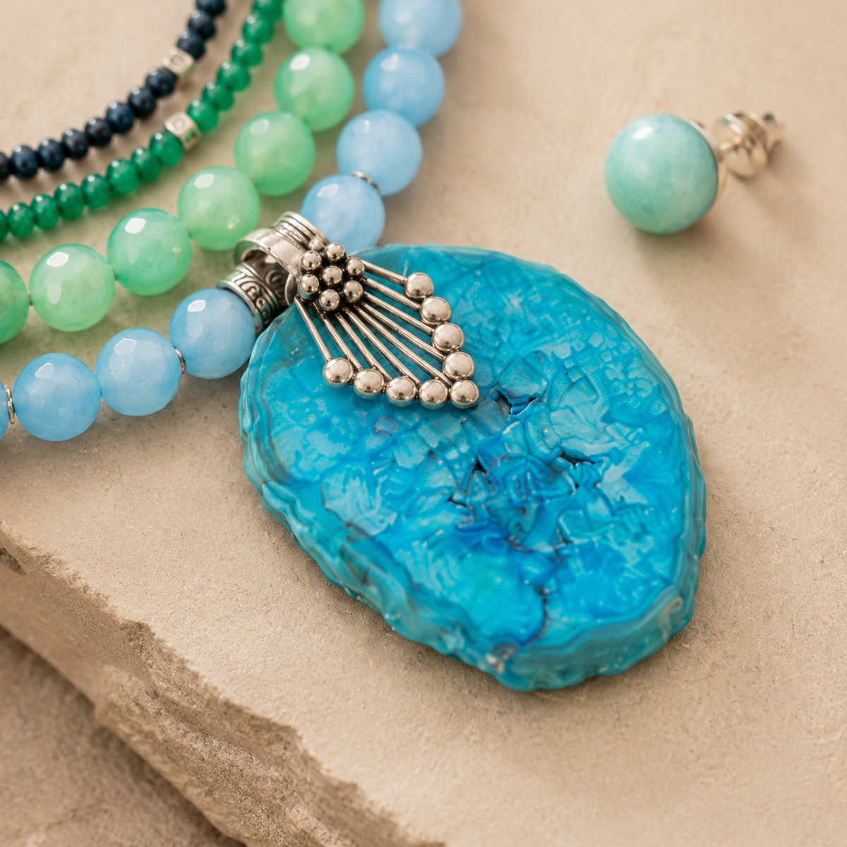 Azure Drift Blue Agate Five-Layer Pendant Necklace with Seafoam Agate Studs