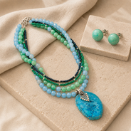 Azure Drift Blue Agate Five-Layer Pendant Necklace with Seafoam Agate Studs