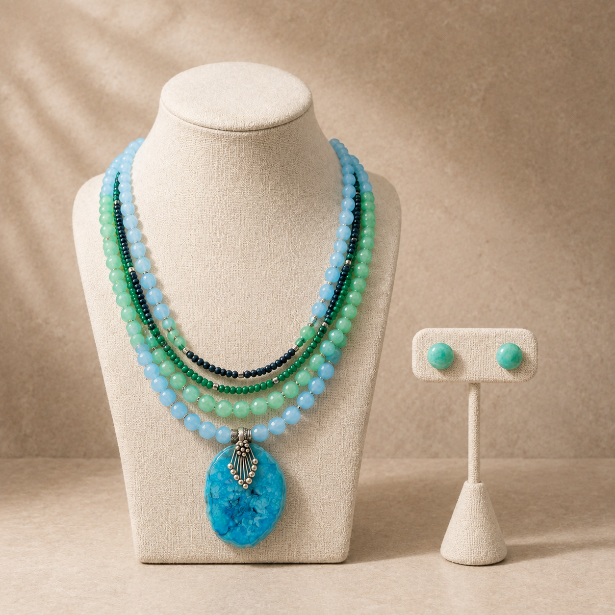 Azure Drift Blue Agate Five-Layer Pendant Necklace with Seafoam Agate Studs