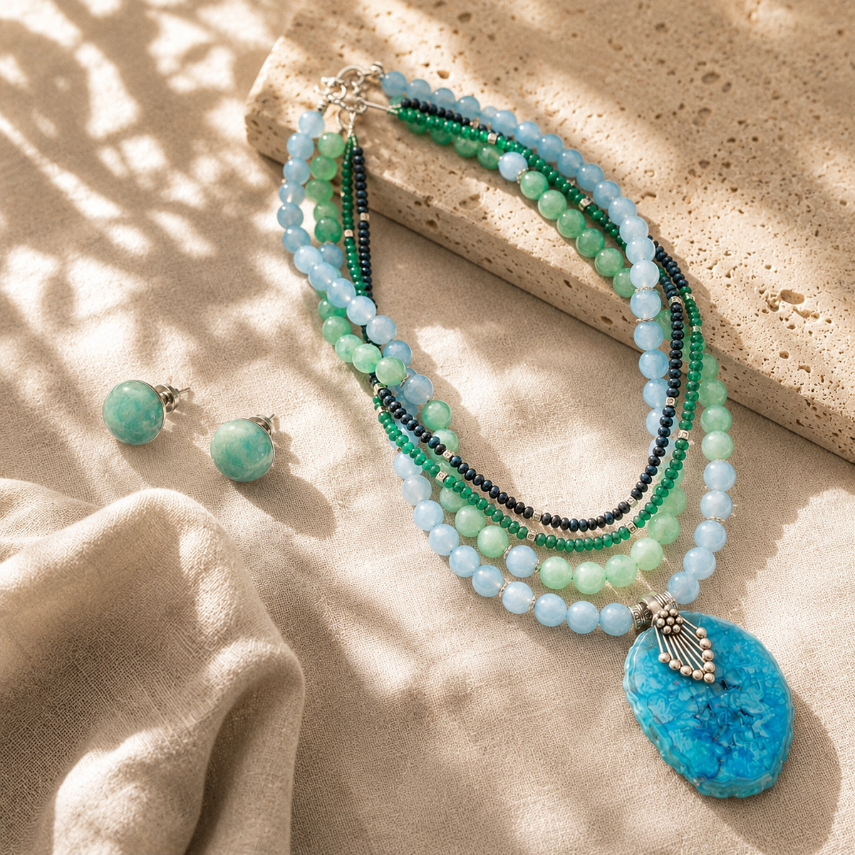 Azure Drift Blue Agate Five-Layer Pendant Necklace with Seafoam Agate Studs