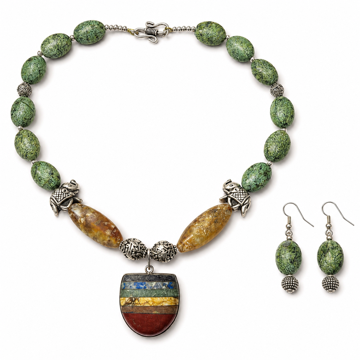 Green Elephant Pendant Statement Set in a displayed product view
