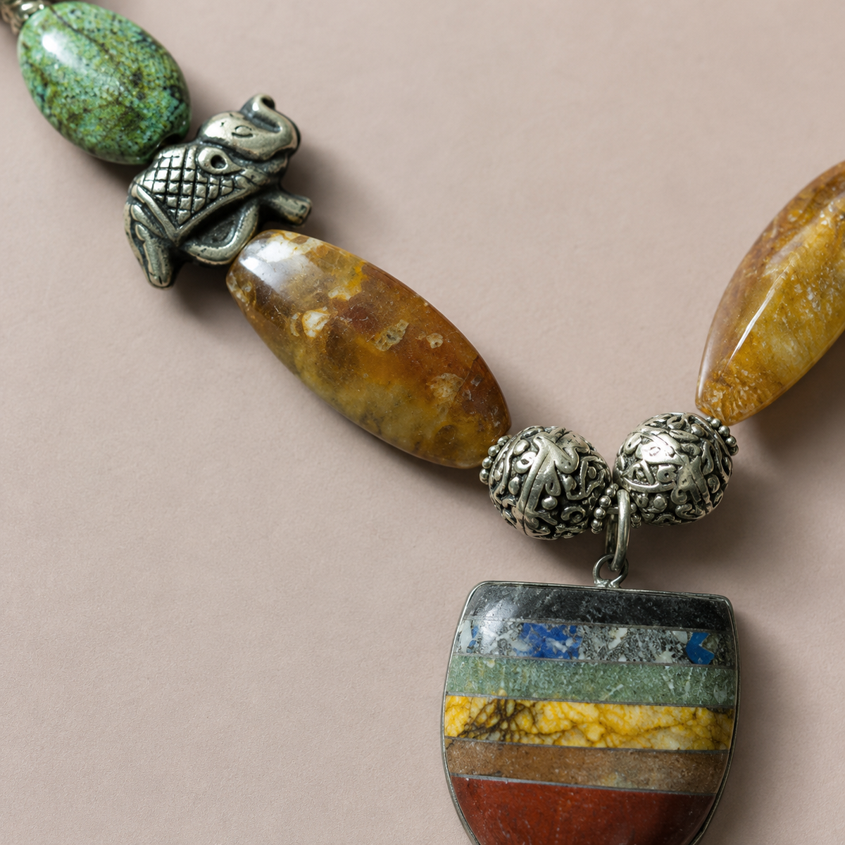 Green Elephant Pendant Statement Set in a full product view