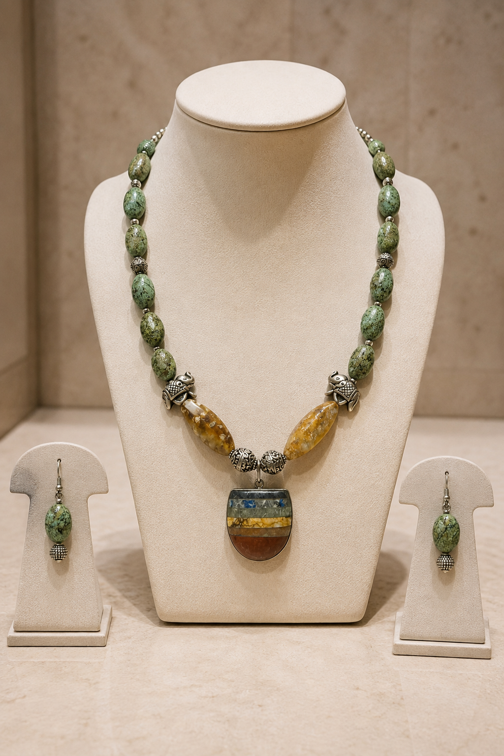 Green Elephant Pendant Statement Set in an alternate flat lay
