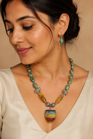 Green Elephant Pendant Statement Set in a stone and bead detail view