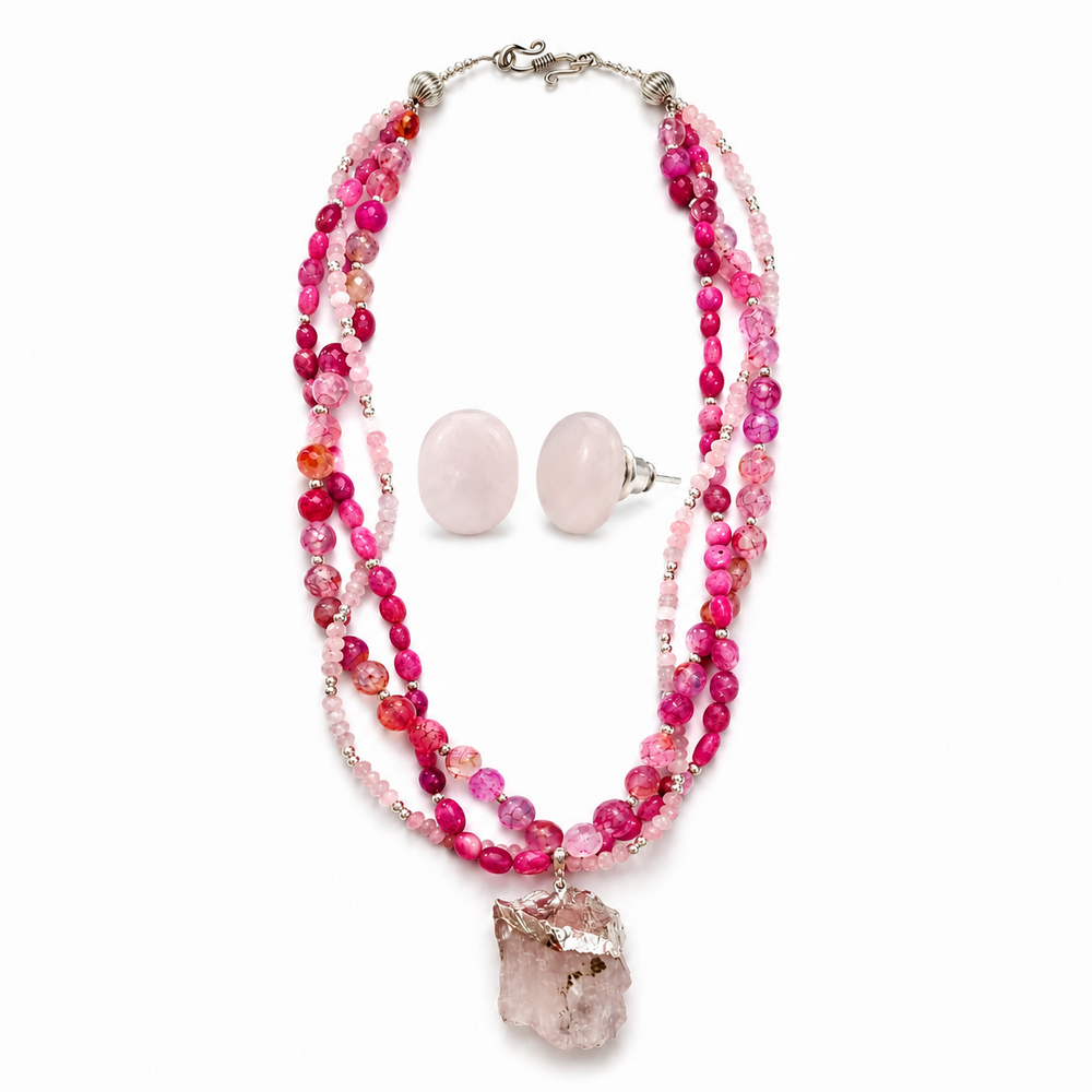 Rose Reverie Rubellite & Quartz Crystal Necklace with Rose Quartz Stud Earrings