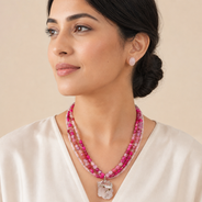 Rose Reverie Rubellite & Quartz Crystal Necklace with Rose Quartz Stud Earrings