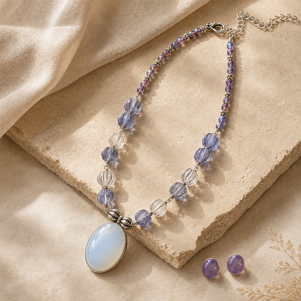 Moonmist Melon Bead Gemstone Cabochon Necklace with Violet Gemstone Stud Earrings