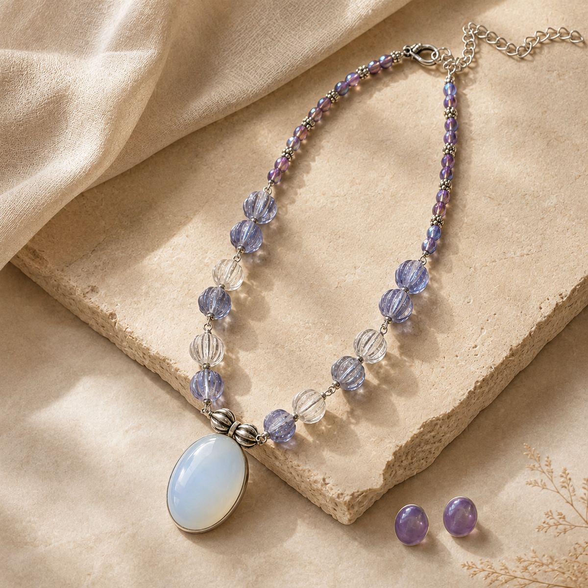 Moonmist Melon Bead Gemstone Cabochon Necklace with Violet Gemstone Stud Earrings