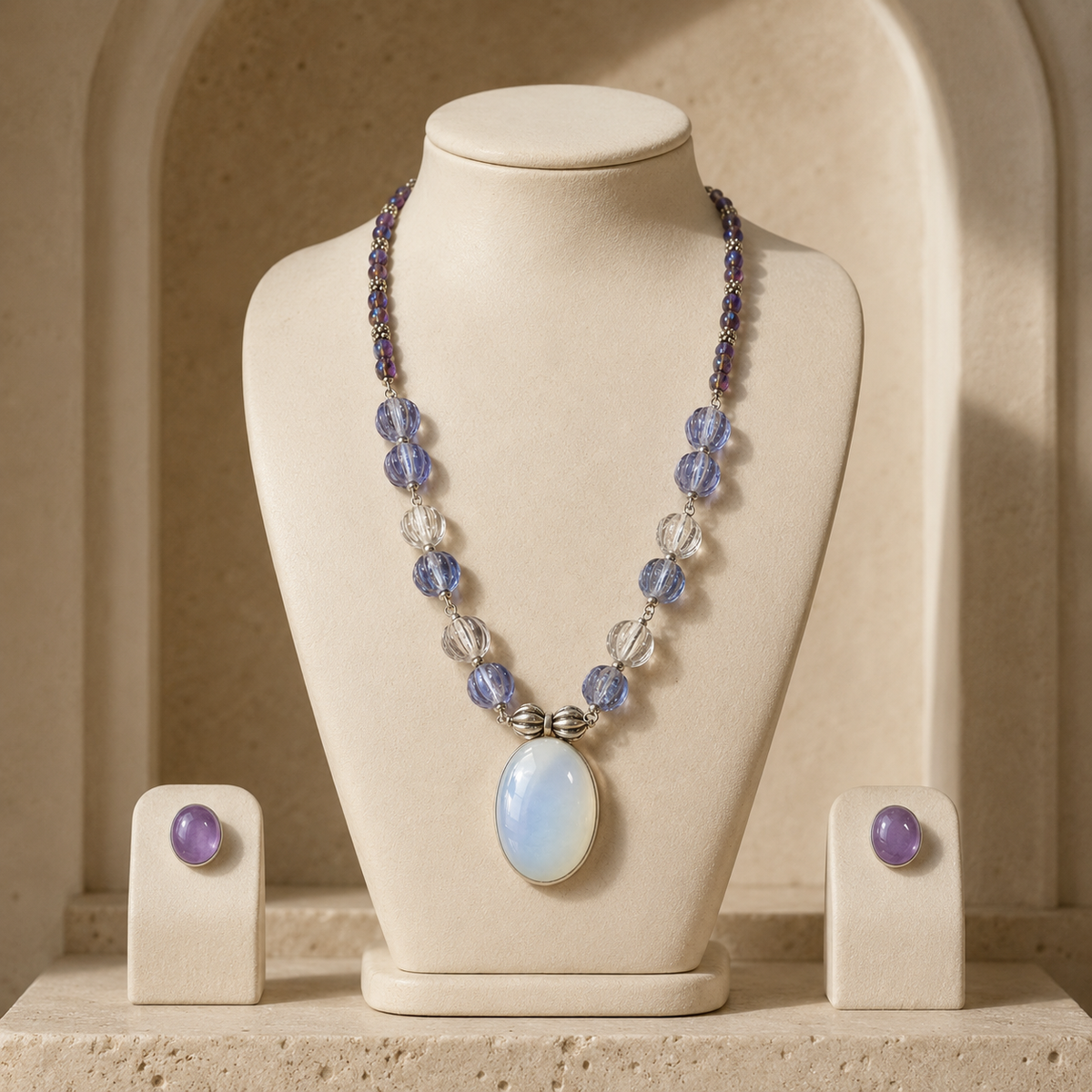 Moonmist Melon Bead Gemstone Cabochon Necklace with Violet Gemstone Stud Earrings