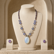 Moonmist Melon Bead Gemstone Cabochon Necklace with Violet Gemstone Stud Earrings