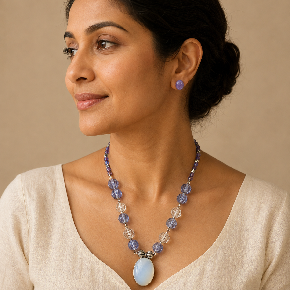 Moonmist Melon Bead Gemstone Cabochon Necklace with Violet Gemstone Stud Earrings