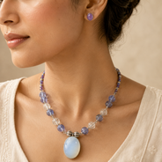 Moonmist Melon Bead Gemstone Cabochon Necklace with Violet Gemstone Stud Earrings