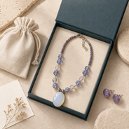 Moonmist Melon Bead Gemstone Cabochon Necklace with Violet Gemstone Stud Earrings