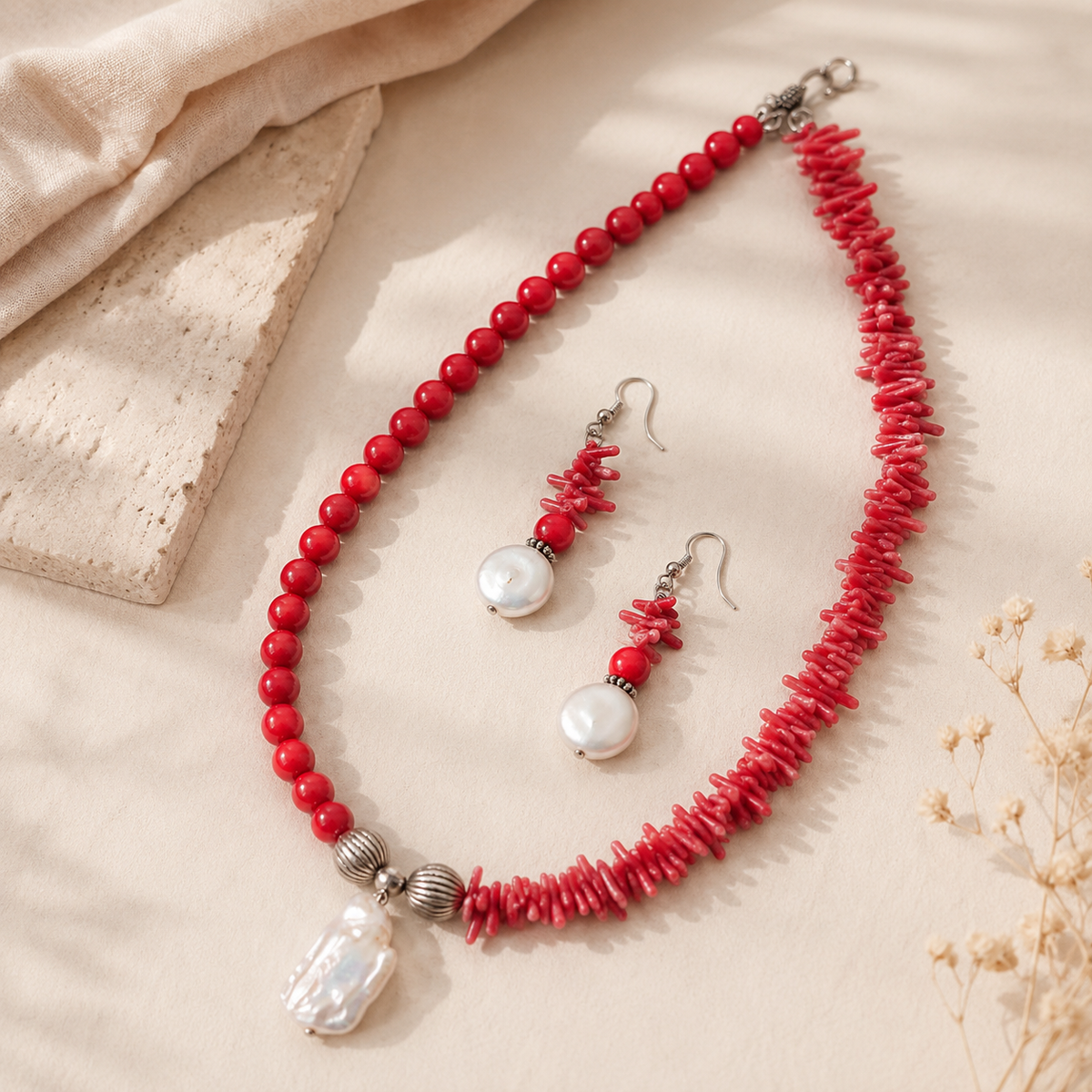 Front view of Coral Pearl Asymmetric Statement Set handcrafted by Pathrohi