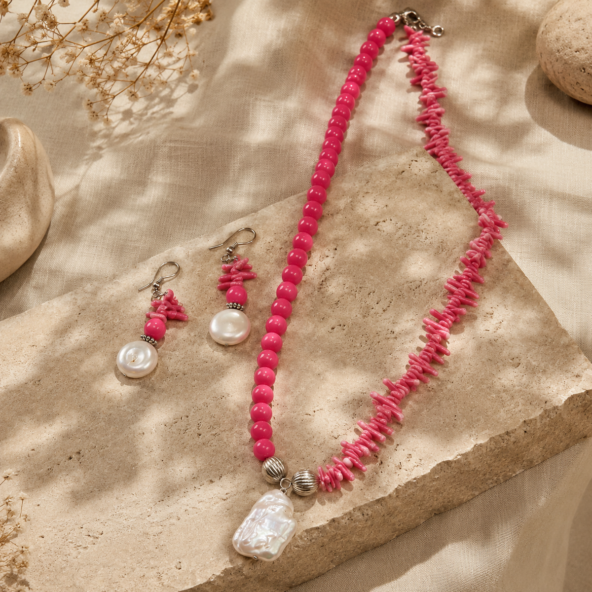 Full view of Coral Pearl Asymmetric Statement Set showing necklace proportions
