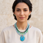 Azure Drift Blue Agate Five-Layer Pendant Necklace with Seafoam Agate Studs