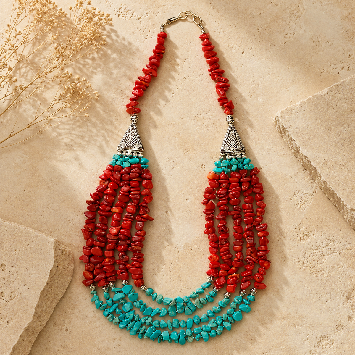Crimson Aqua Agate Five-Layer Necklace