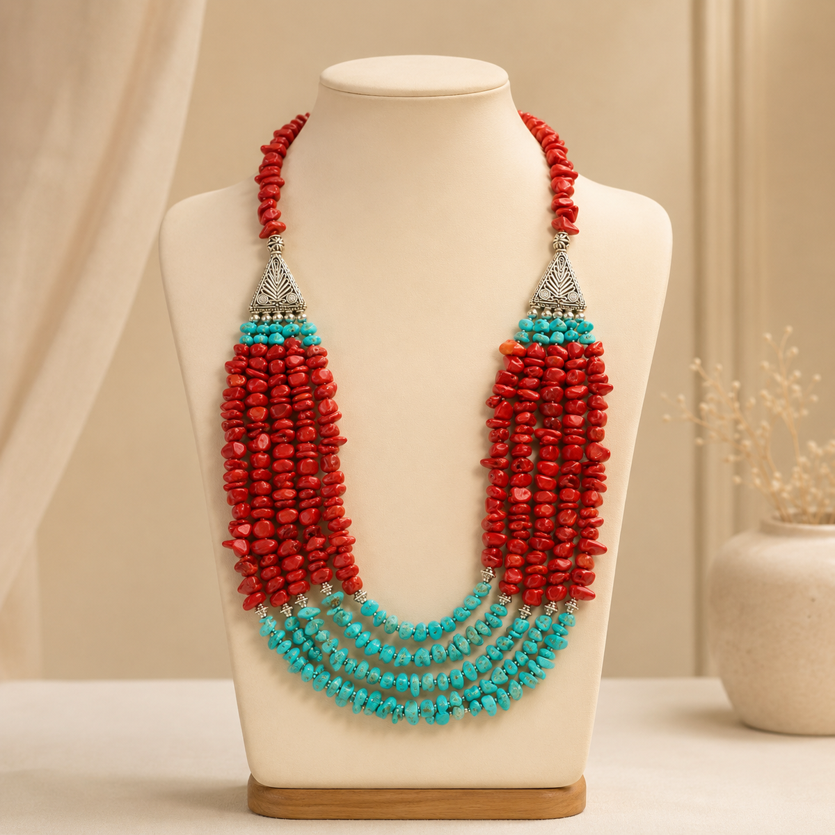 Crimson Aqua Agate Five-Layer Necklace