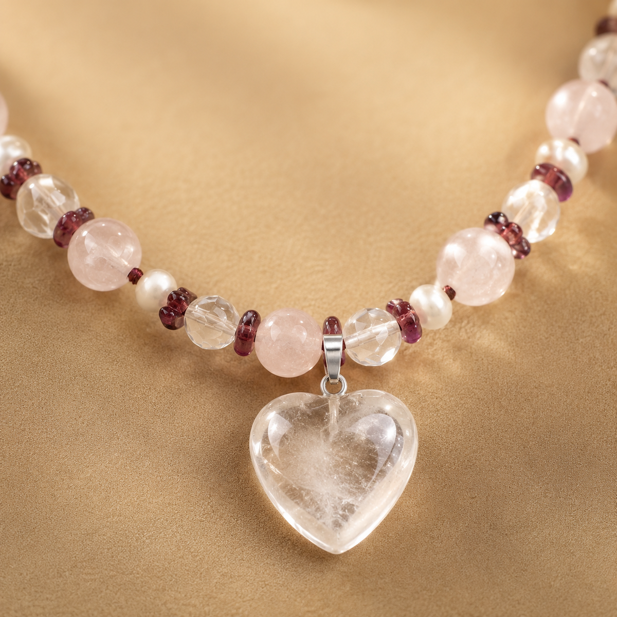 Detailed view of Blush Agate Heart Pendant Necklace showing stone and bead arrangement