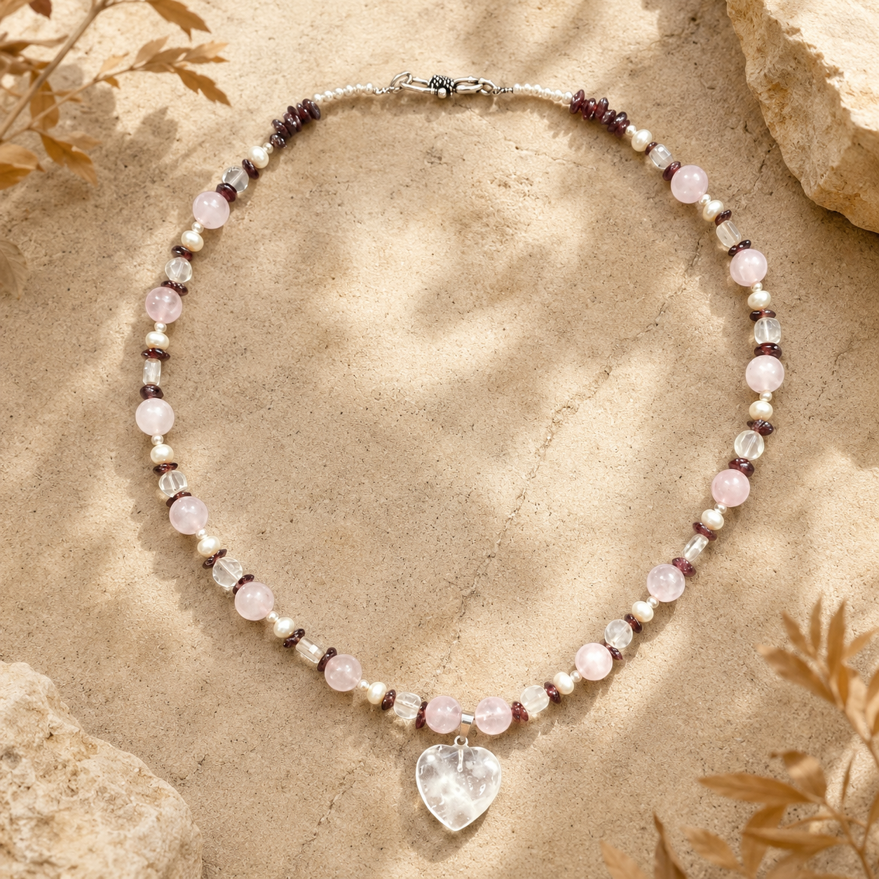 Front view of Blush Agate Heart Pendant Necklace handcrafted by Pathrohi