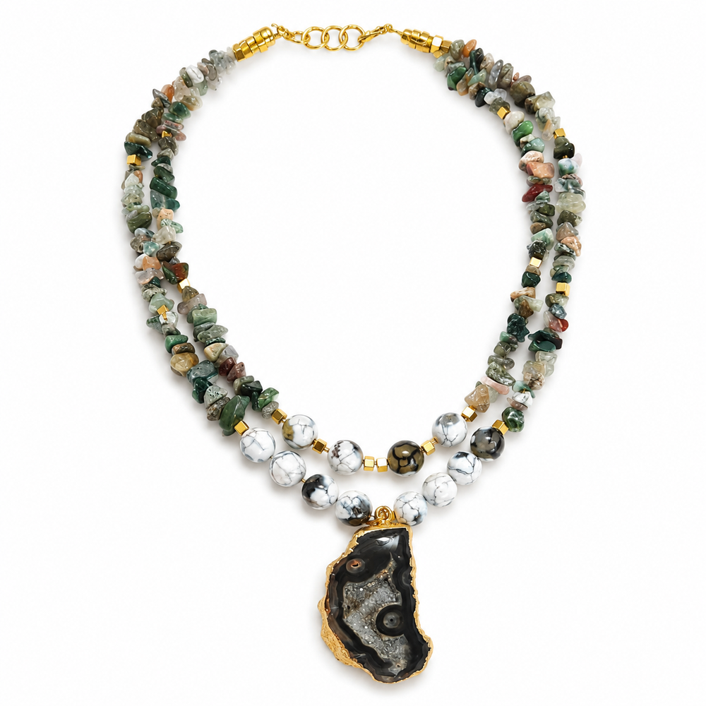 Close-up view of Moss Agate Druzzy Slice Layered Necklace showing handcrafted details