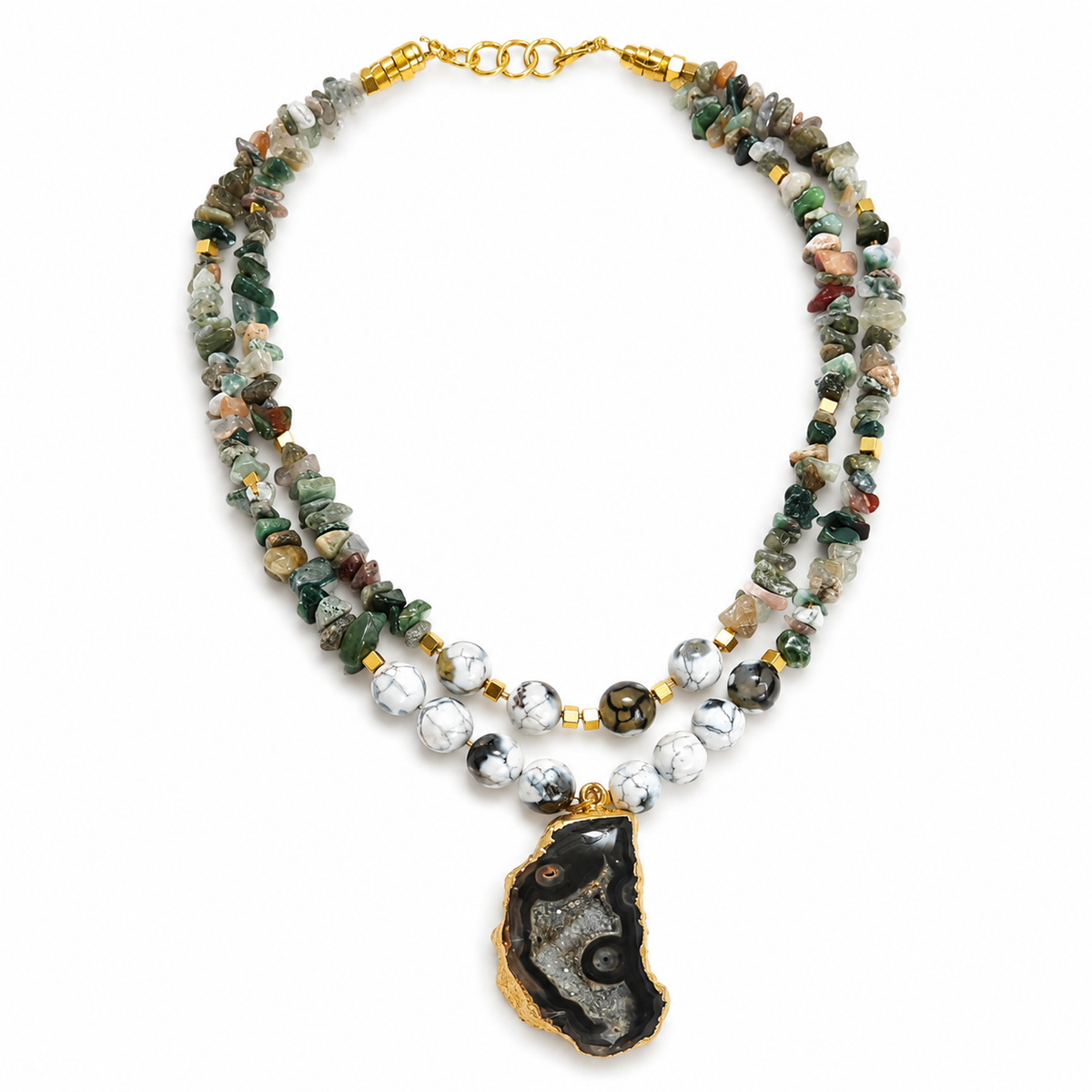 Close-up view of Moss Agate Druzzy Slice Layered Necklace showing handcrafted details