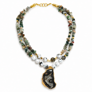 Close-up view of Moss Agate Druzzy Slice Layered Necklace showing handcrafted details