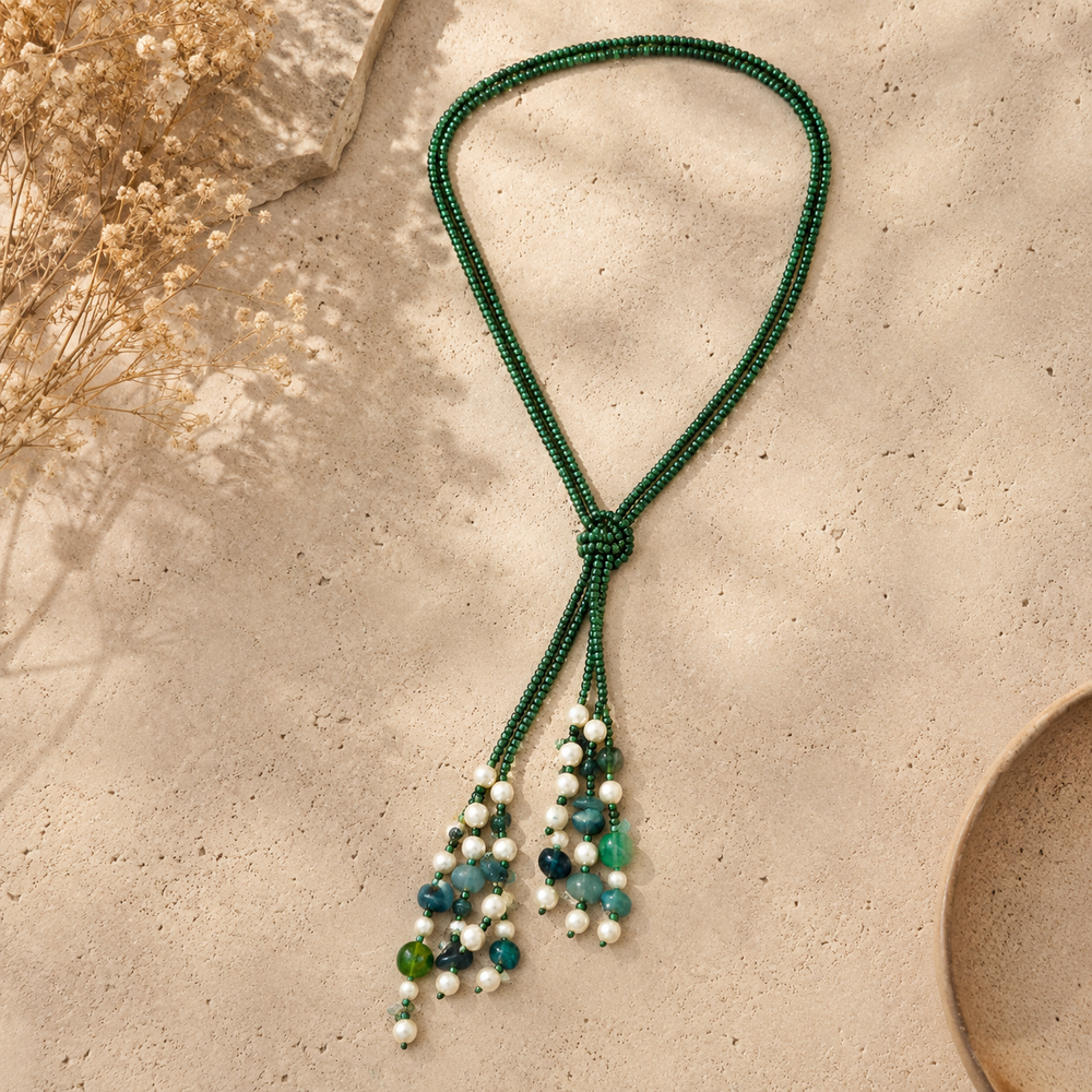 Close-up view of Green Agate Cascade Tassel Necklace showing handcrafted details