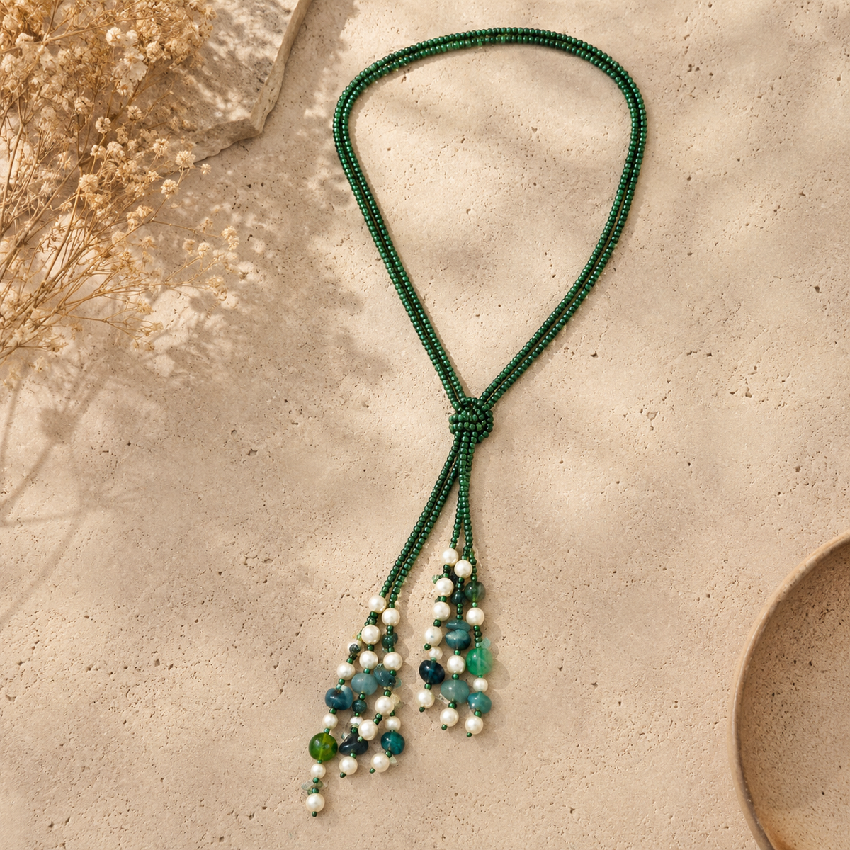 Close-up view of Green Agate Cascade Tassel Necklace showing handcrafted details