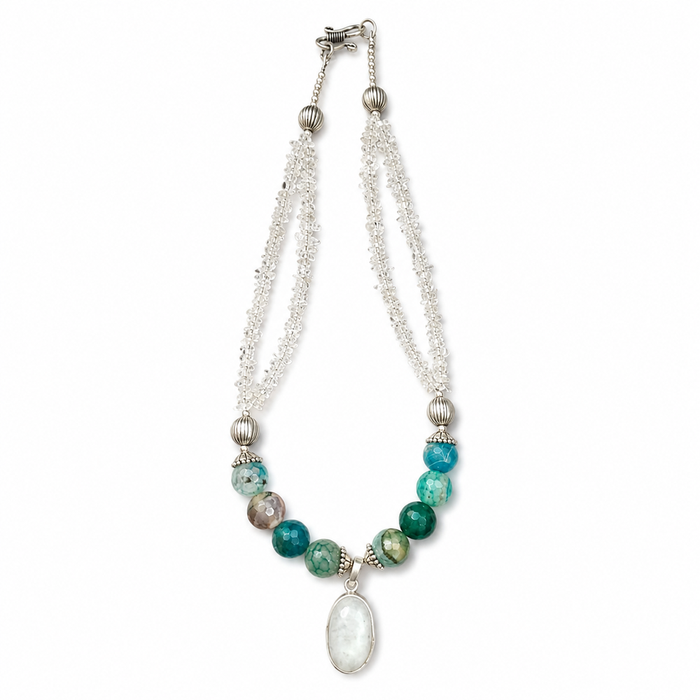 Close-up view of Clear Stone & Aqua Agate Drop Necklace showing handcrafted details