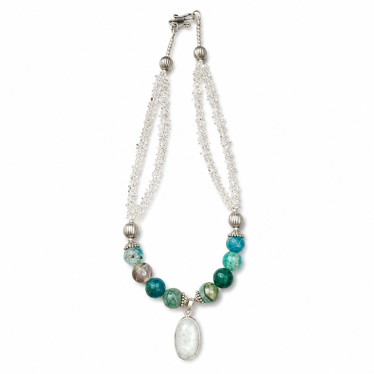 Close-up view of Clear Stone & Aqua Agate Drop Necklace showing handcrafted details