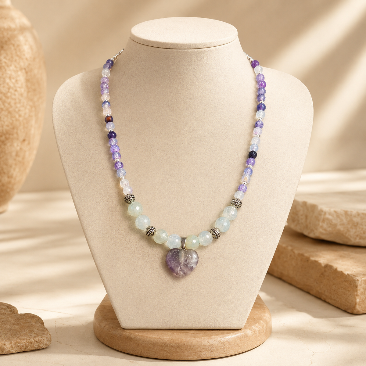 Full view of Amethyst Moon Heart Pendant Necklace showing necklace proportions