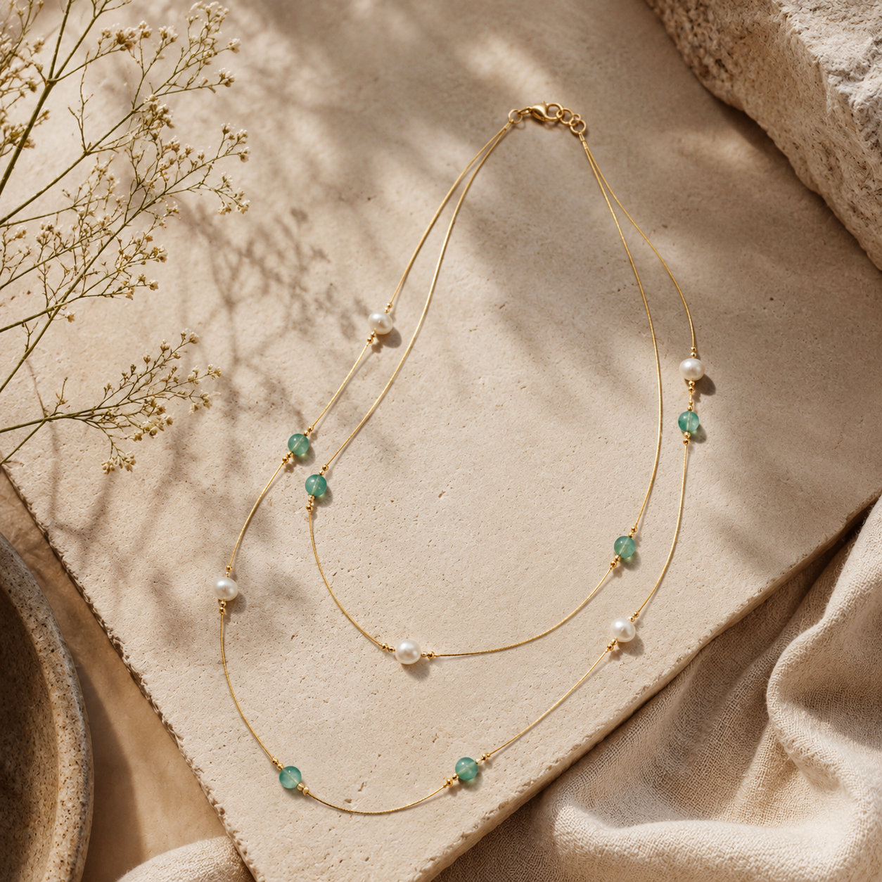 Additional styling view of Aqua Pearl Double-Strand Wire Necklace by Pathrohi