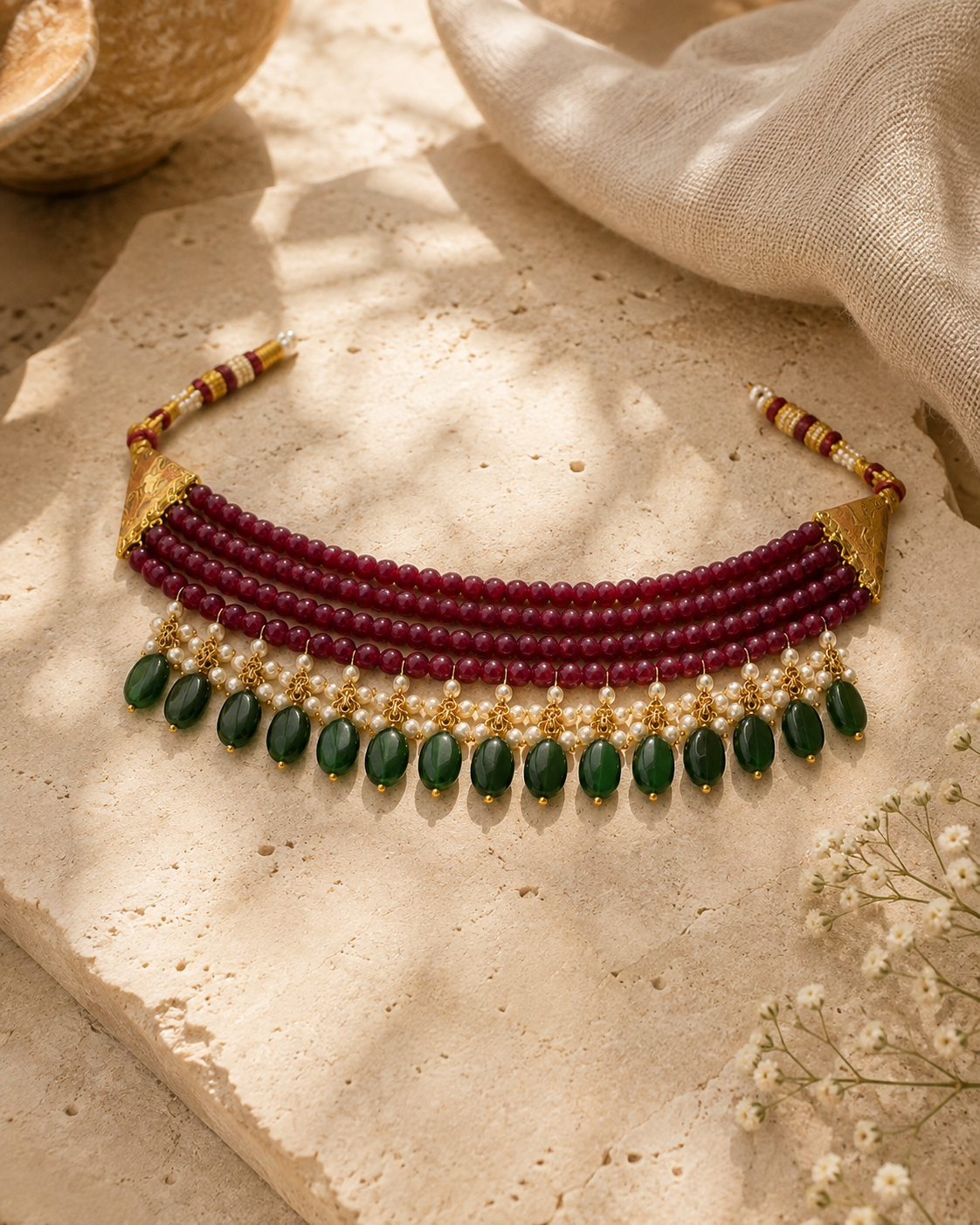 Ruby Rose & Emerald Oval-Drop Agate Choker – view 7 | Pathrohi