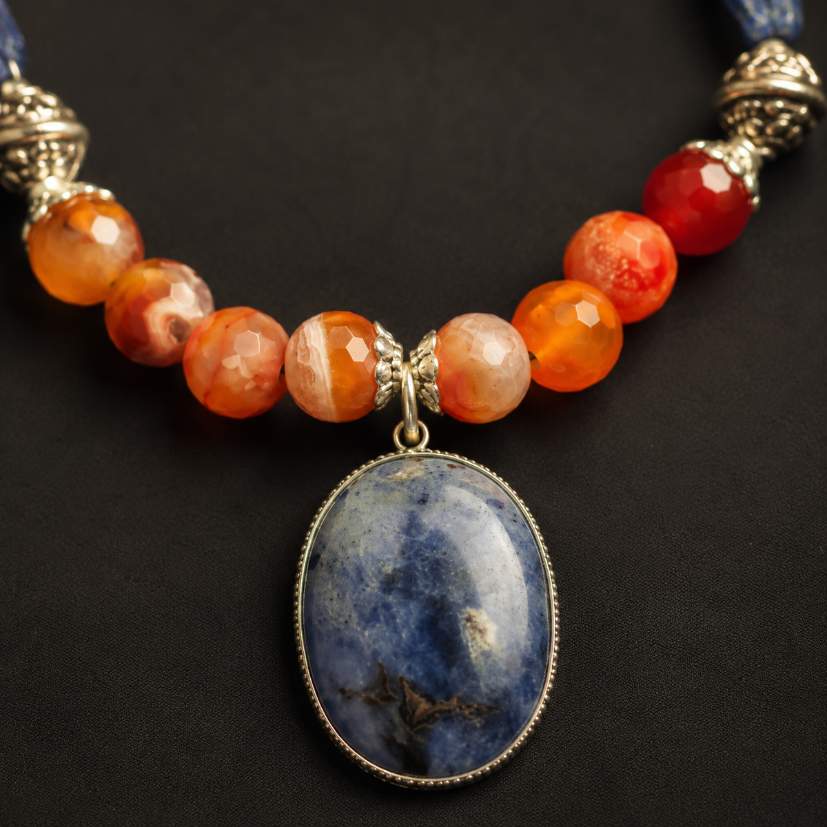 Detailed view of Blue & Orange Agate Oval Pendant Necklace showing stone and bead arrangement