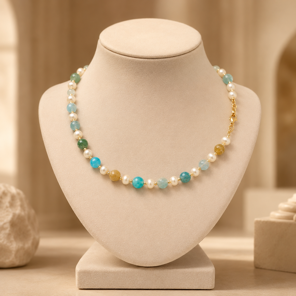 Full view of Aqua Agate & Semi-Cultured Pearl Beaded Necklace showing necklace proportions