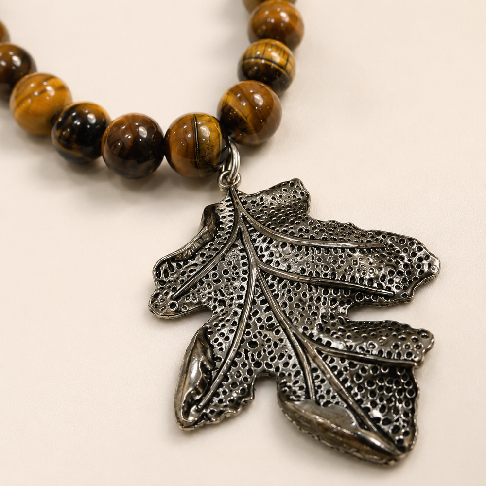 Close-up view of Tiger Eye Leaf Pendant Necklace showing handcrafted details