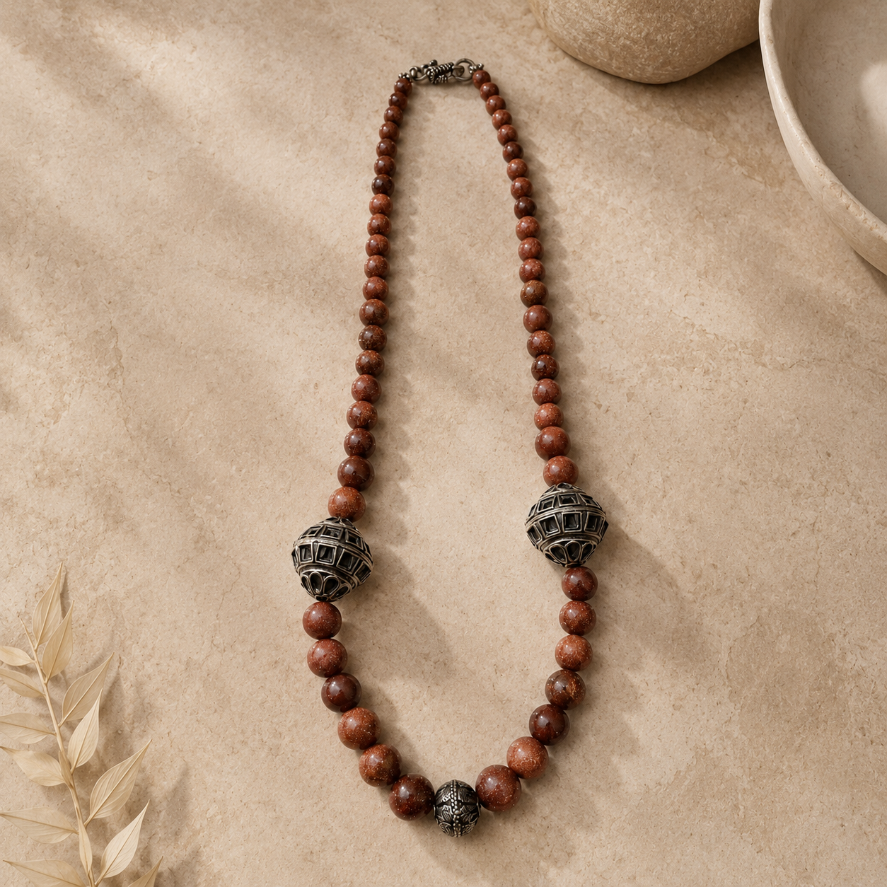 Front view of Brown Oxidised Goldstone Necklace handcrafted by Pathrohi
