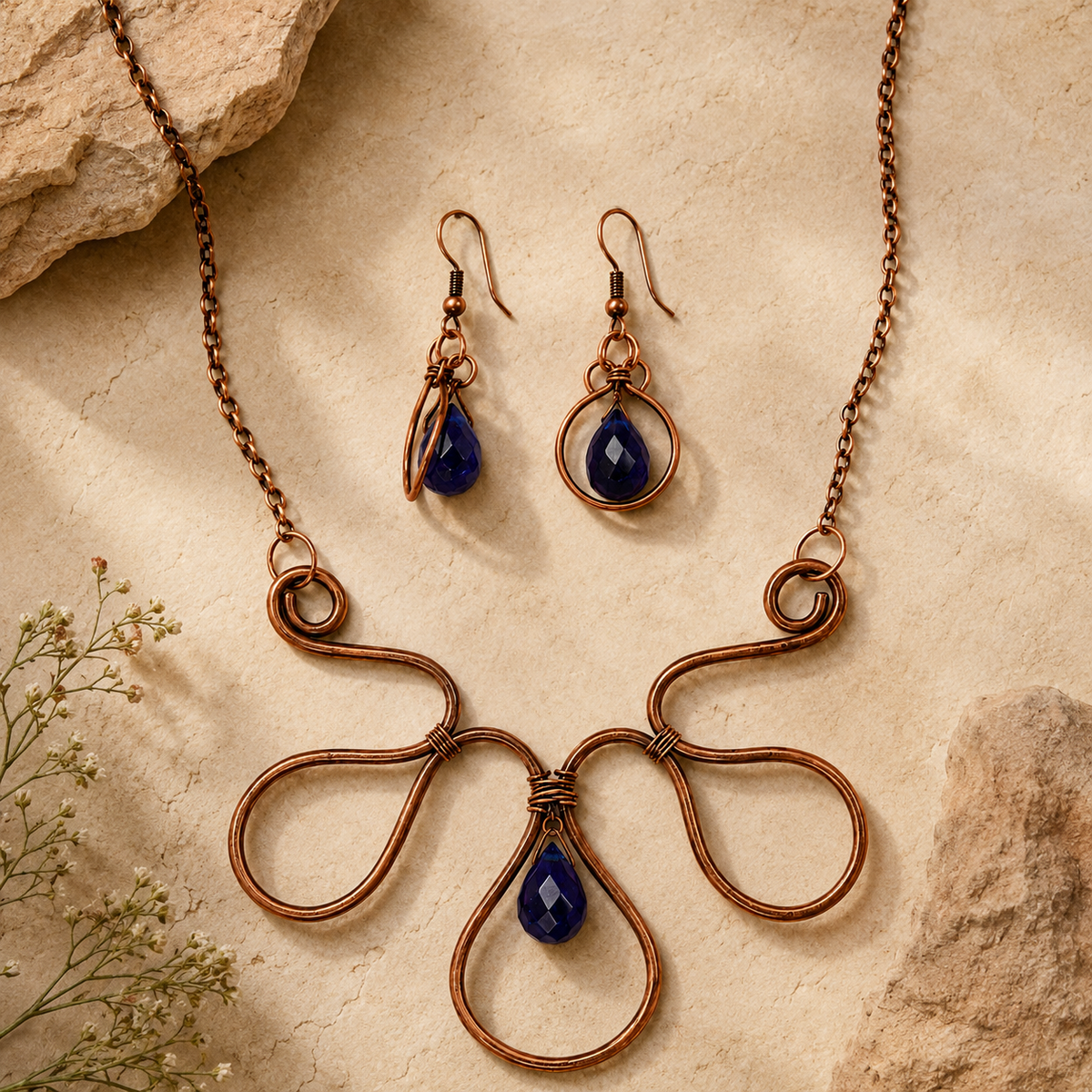 Front view of Copper Bloom Wire Statement Set handcrafted by Pathrohi