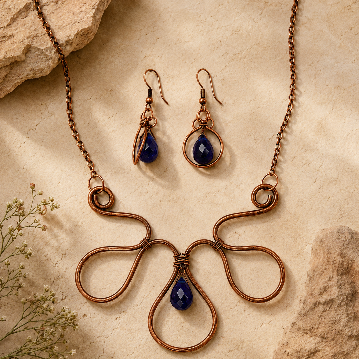 Front view of Copper Bloom Wire Statement Set handcrafted by Pathrohi