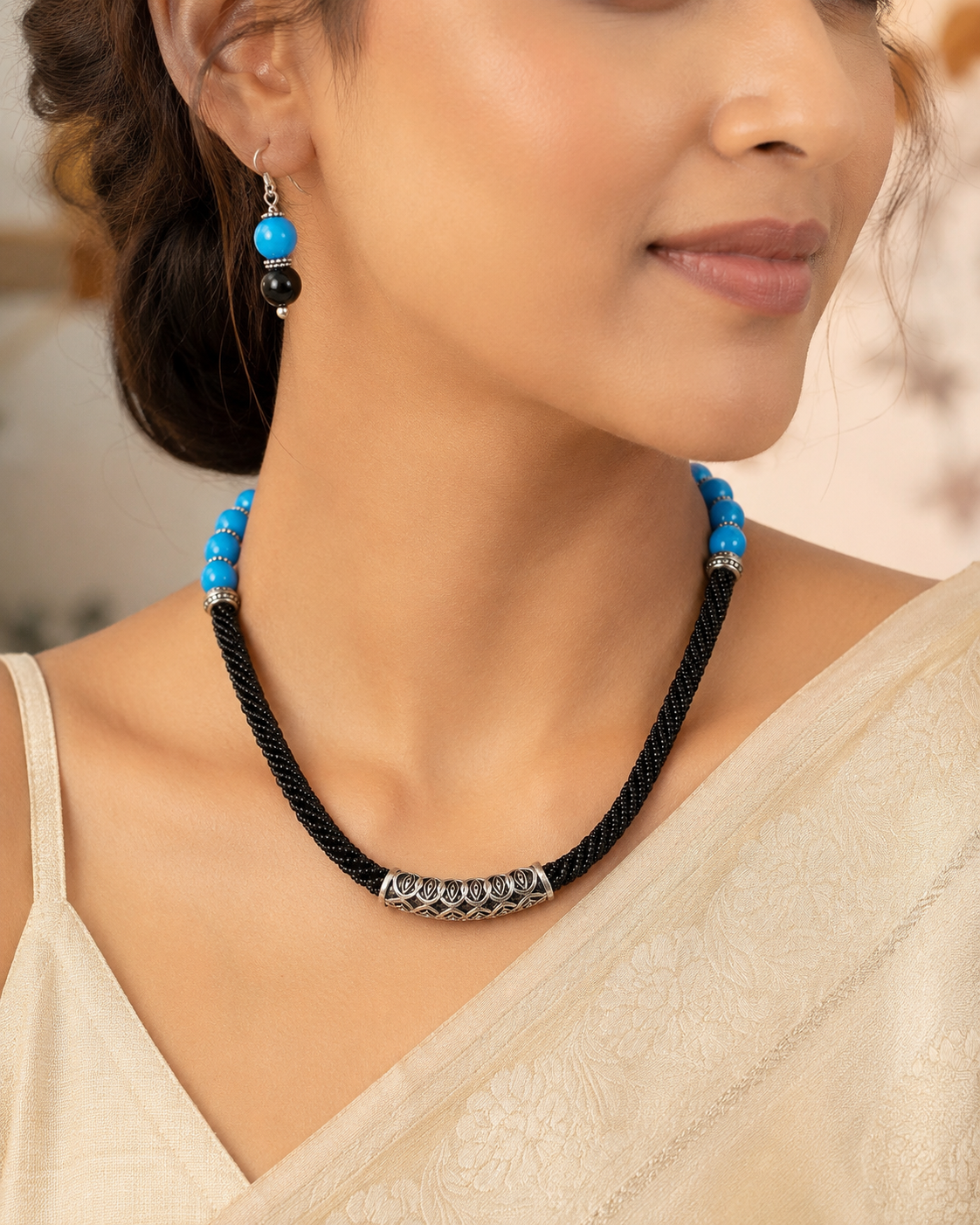 Full view of Azure Noir Oxidised Tube Necklace Set showing necklace proportions