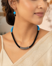 Full view of Azure Noir Oxidised Tube Necklace Set showing necklace proportions