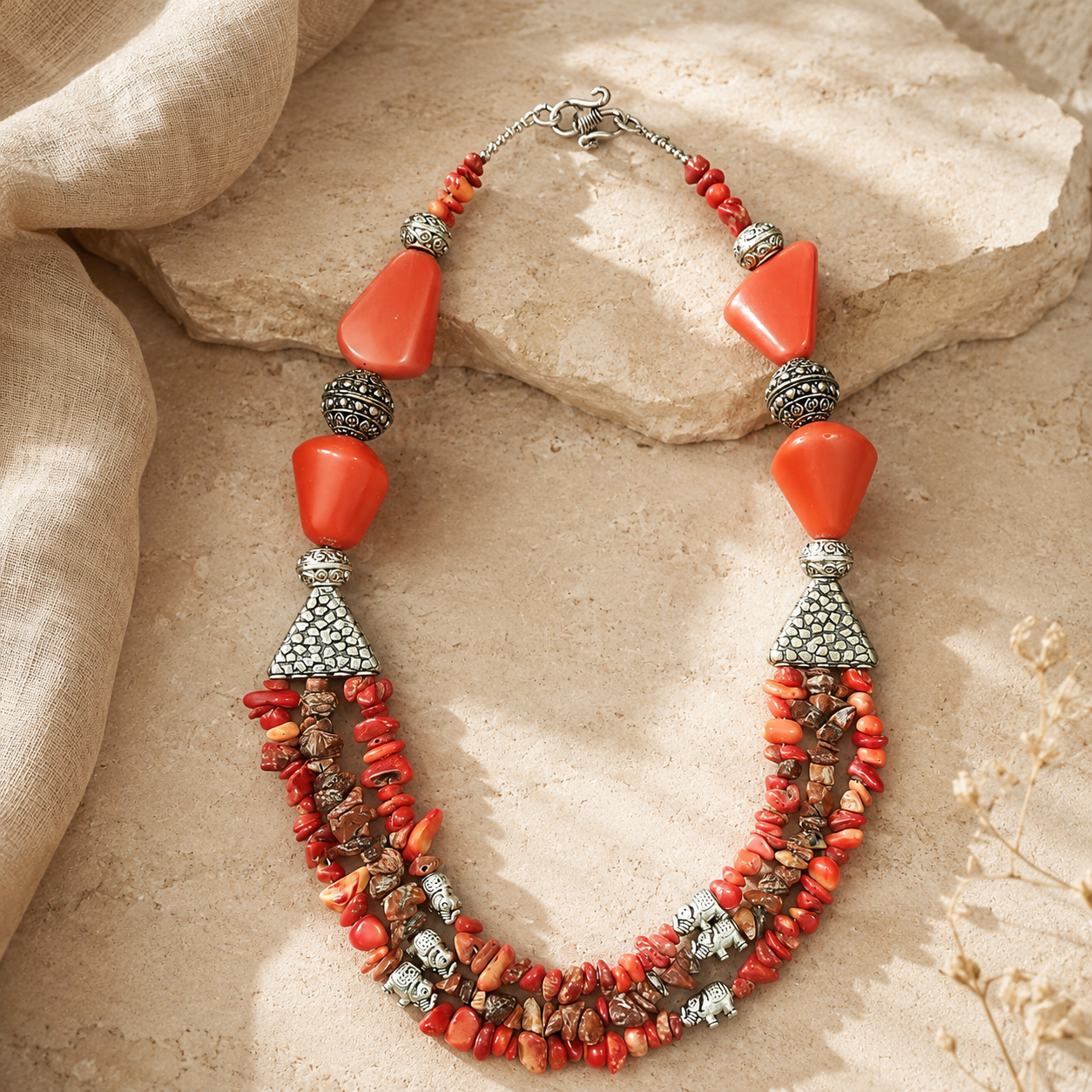Front view of Coral Agate Elephant Multi-Strand Necklace handcrafted by Pathrohi